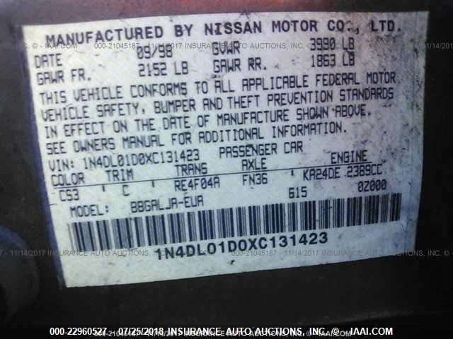 1N4DL01D0XC131423 - 1999 NISSAN ALTIMA XE/GXE/SE/GLE GRAY photo 9