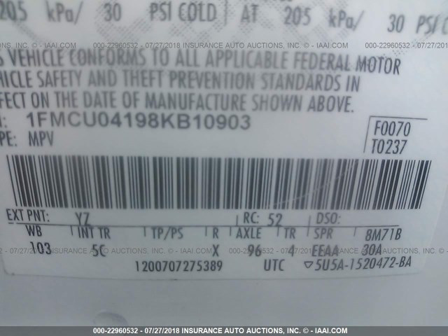 1FMCU04198KB10903 - 2008 FORD ESCAPE LIMITED WHITE photo 9