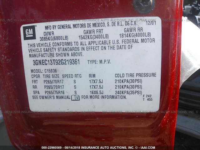 3GNEC13T92G219361 - 2002 CHEVROLET AVALANCHE C1500 RED photo 9