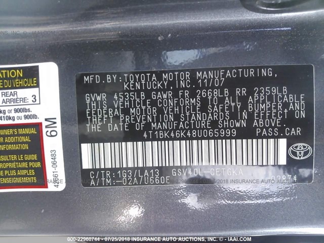 4T1BK46K48U065999 - 2008 TOYOTA CAMRY LE/XLE/SE 灰色 照片 9