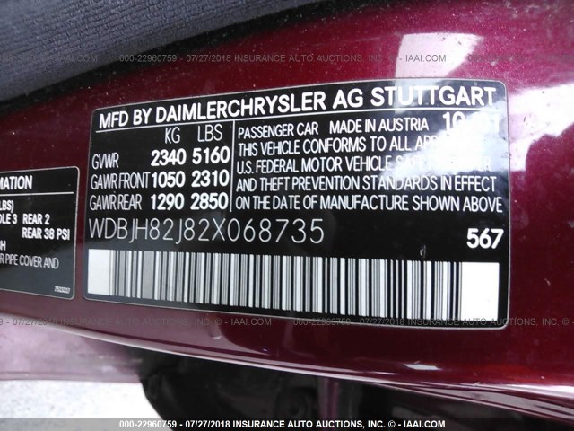 WDBJH82J82X068735 - 2002 MERCEDES-BENZ E 320 4MATIC BURGUNDY photo 9