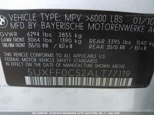 5UXFF0C52ALT77119 - 2010 BMW X5 XDRIVE35D SILVER photo 9