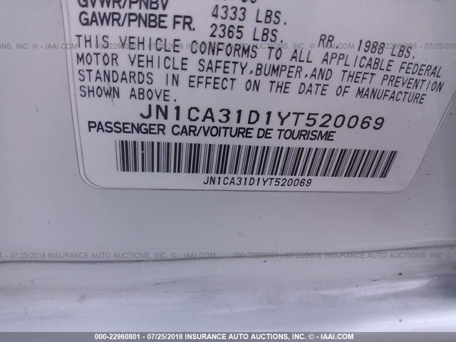 JN1CA31D1YT520069 - 2000 NISSAN MAXIMA GLE/GXE/SE WHITE photo 9