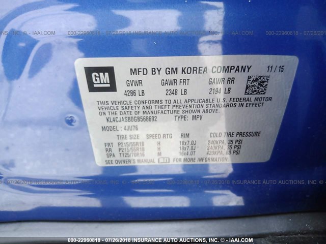 KL4CJASB0GB568692 - 2016 BUICK ENCORE BLUE photo 9