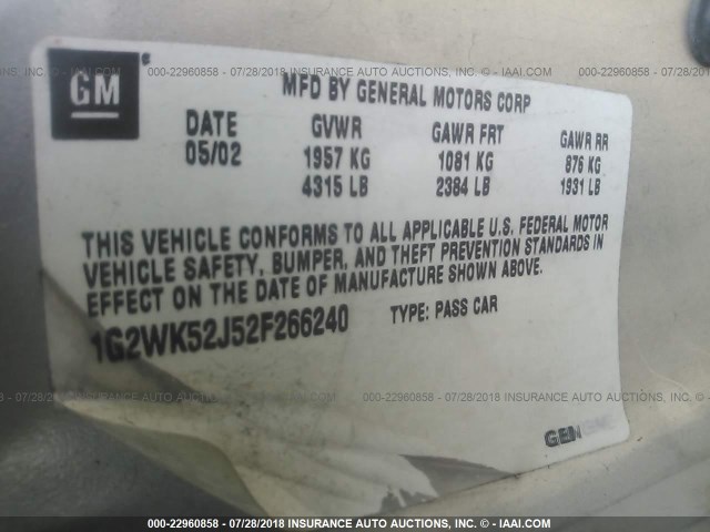 1G2WK52J52F266240 - 2002 PONTIAC GRAND PRIX SE 银色 照片 9