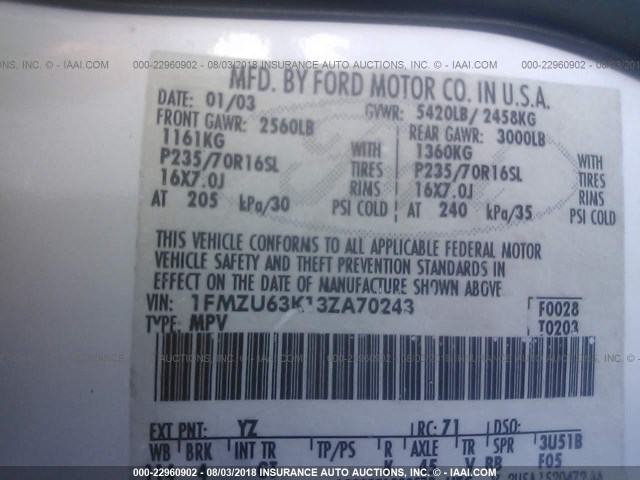 1FMZU63K13ZA70243 - 2003 FORD EXPLORER XLT/XLT SPORT/NBX 白色 照片 9