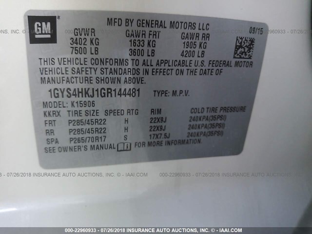 1GYS4HKJ1GR144481 - 2016 CADILLAC ESCALADE ESV LUXURY WHITE photo 9