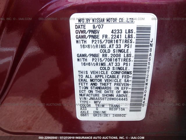 JN8AS58T28W004445 - 2008 NISSAN ROGUE S/SL RED photo 9
