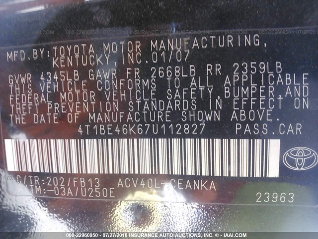 4T1BE46K67U112827 - 2007 TOYOTA CAMRY NEW GENERAT CE/LE/XLE/SE BLACK photo 9