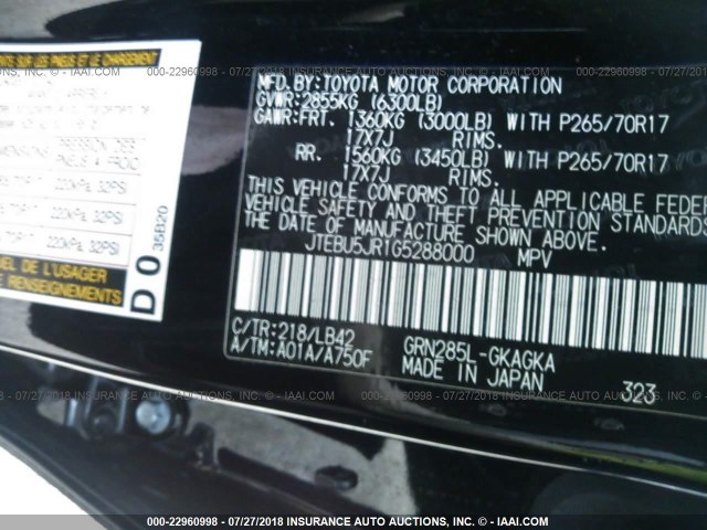 JTEBU5JR1G5288000 - 2016 TOYOTA 4RUNNER SR5 PREM/LTDL/TRAIL/TRD BLACK photo 9