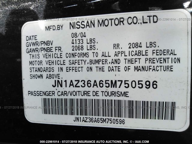 JN1AZ36A65M750596 - 2005 NISSAN 350Z ROADSTER BLACK photo 9