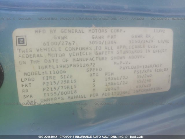 1GKEL19W3PB512672 - 1993 GMC SAFARI XT BLUE photo 9