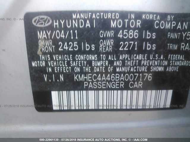 KMHEC4A46BA007176 - 2011 HYUNDAI SONATA HYBRID SILVER photo 9