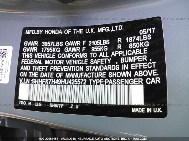 SHHFK7H49HU425572 - 2017 HONDA CIVIC SPORT 浅蓝色 照片 9