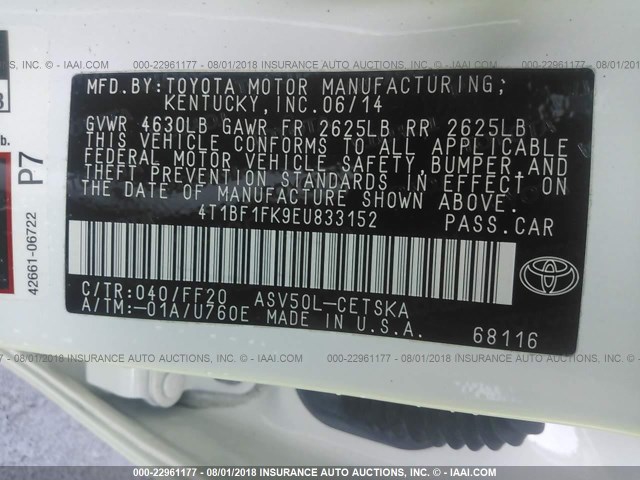 4T1BF1FK9EU833152 - 2014 TOYOTA CAMRY L/SE/LE/XLE Ağ foto 9