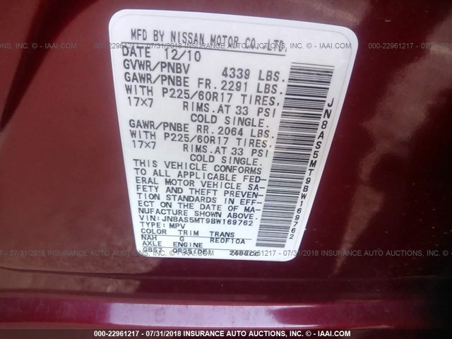 JN8AS5MT9BW169762 - 2011 NISSAN ROGUE S/SV/KROM RED photo 9