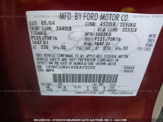 1FMCU94145KA72352 - 2005 FORD ESCAPE LIMITED RED photo 9