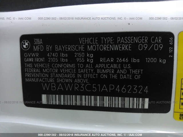 WBAWR3C51AP462324 - 2010 BMW 328 I SULEV WHITE photo 9