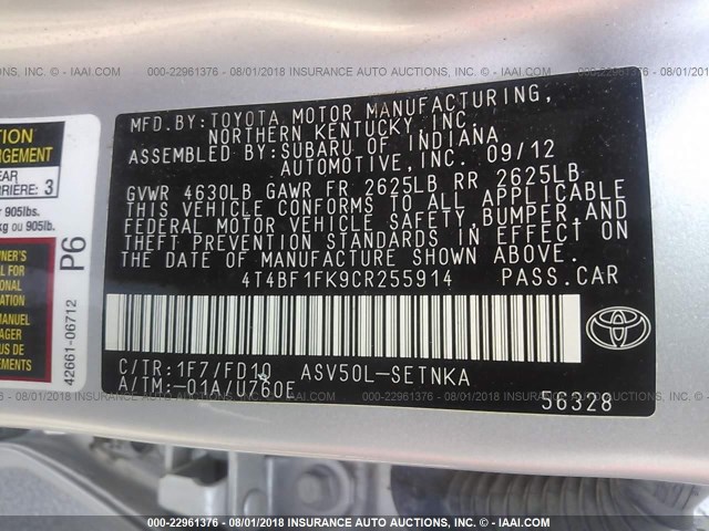 4T4BF1FK9CR255914 - 2012 TOYOTA CAMRY SE/LE/XLE 银色 照片 9