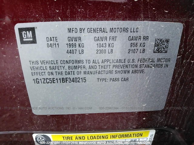 1G1ZC5E11BF340215 - 2011 CHEVROLET MALIBU 1LT წითელი ფოტო 9