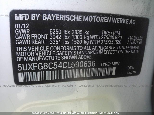 5UXFG8C54CL590636 - 2012 BMW X6 XDRIVE50I WHITE photo 9