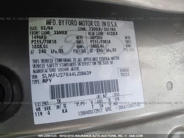 5LMFU27R44LJ28639 - 2004 LINCOLN NAVIGATOR 棕色 照片 9