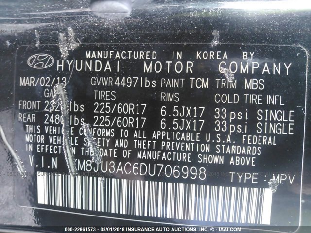 KM8JU3AC6DU706998 - 2013 HYUNDAI TUCSON GLS/LIMITED 黑色 照片 9