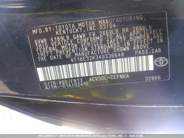 4T1BE32K34U336648 - 2004 TOYOTA CAMRY LE/XLE/SE Mavi foto 9
