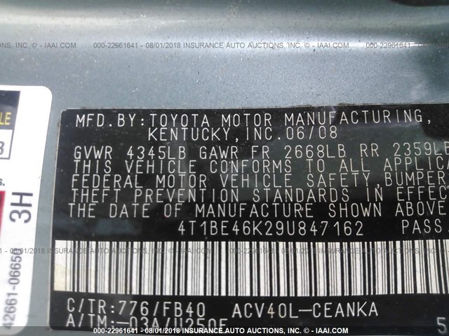 4T1BE46K29U847162 - 2009 TOYOTA CAMRY SE/LE/XLE 绿色 照片 9