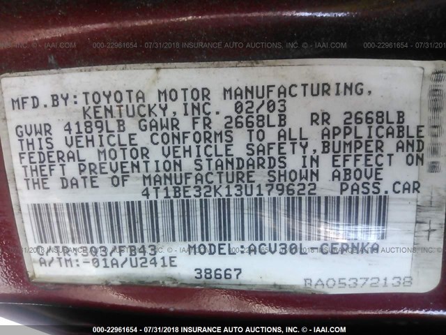 4T1BE32K13U179622 - 2003 TOYOTA CAMRY LE/XLE/SE Bordo foto 9