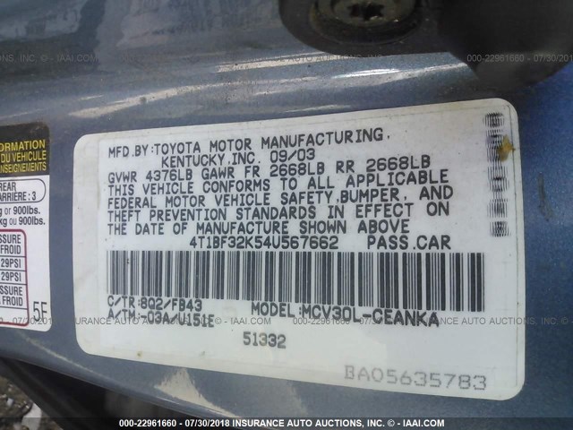 4T1BF32K54U567662 - 2004 TOYOTA CAMRY LE/XLE/SE 蓝色 照片 9