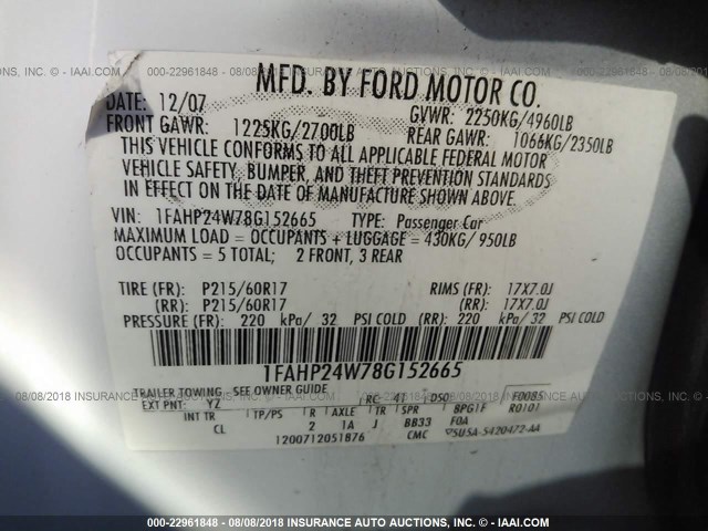 1FAHP24W78G152665 - 2008 FORD TAURUS SEL WHITE photo 9