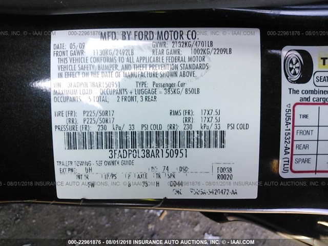 3FADP0L38AR150951 - 2010 FORD FUSION HYBRID BLACK photo 9