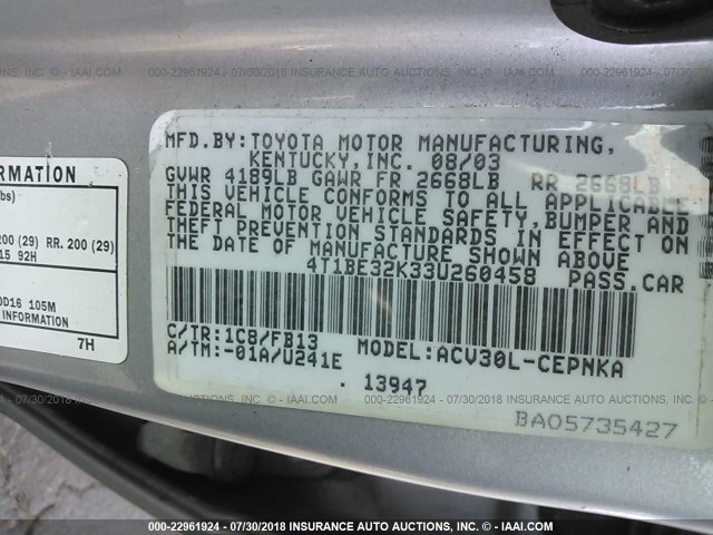 4T1BE32K33U260458 - 2003 TOYOTA CAMRY LE/XLE/SE Gümüş foto 9