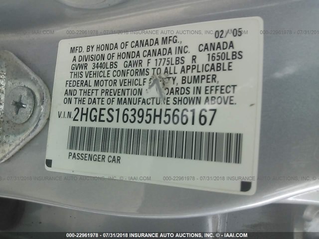 2HGES16395H566167 - 2005 HONDA CIVIC DX VP Gümüş foto 9