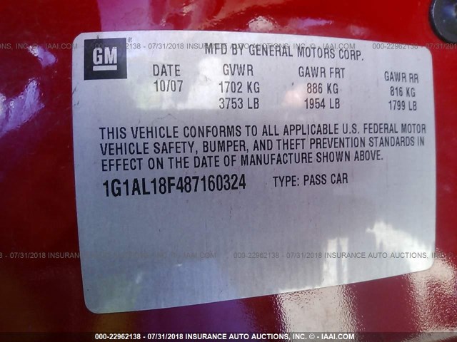 1G1AL18F487160324 - 2008 CHEVROLET COBALT LT RED photo 9