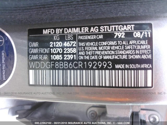 WDDGF8BB6CR192993 - 2012 MERCEDES-BENZ C 300 4MATIC SILVER photo 9