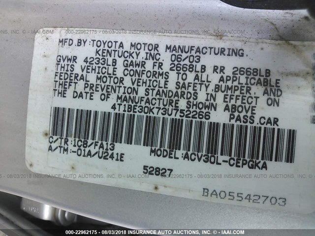 4T1BE30K73U752266 - 2003 TOYOTA CAMRY LE/XLE/SE Gümüş foto 9