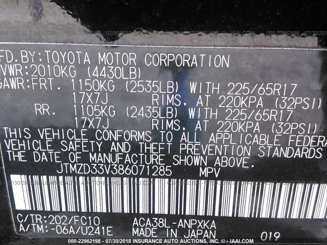 JTMZD33V386071285 - 2008 TOYOTA RAV4 BLACK photo 9