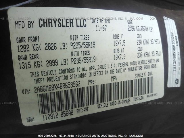 2A8GM68X48R653562 - 2008 CHRYSLER PACIFICA TOURING MAROON photo 9
