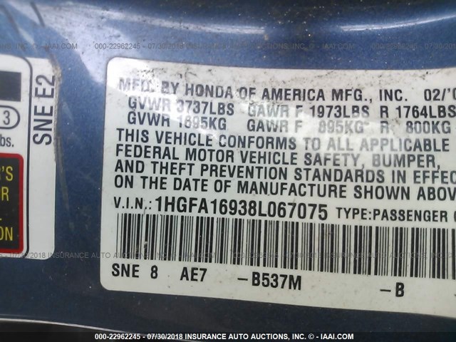 1HGFA16938L067075 - 2008 HONDA CIVIC EXL 蓝色 照片 9