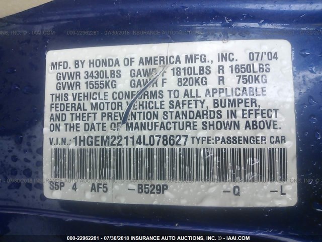 1HGEM22114L078627 - 2004 HONDA CIVIC DX VP BLUE photo 9