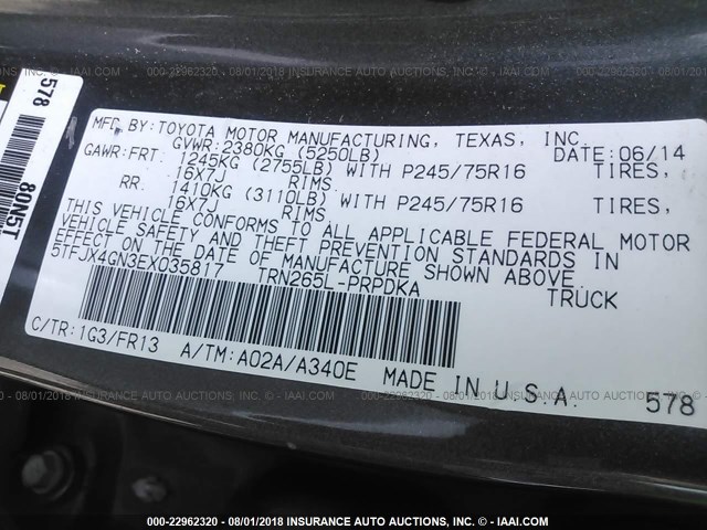 5TFJX4GN3EX035817 - 2014 TOYOTA TACOMA DOUBLE CAB ნაცრისფერი ფოტო 9