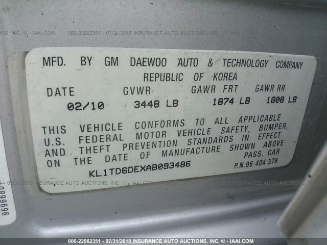 KL1TD6DEXAB093486 - 2010 CHEVROLET AVEO LS/LT 银色 照片 9