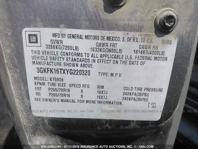 3GKFK16TXYG220320 - 2000 GMC YUKON XL K1500 TAN photo 9