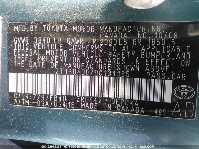 2T1BU40E79C131185 - 2009 TOYOTA COROLLA S/LE/XLE TEAL photo 9