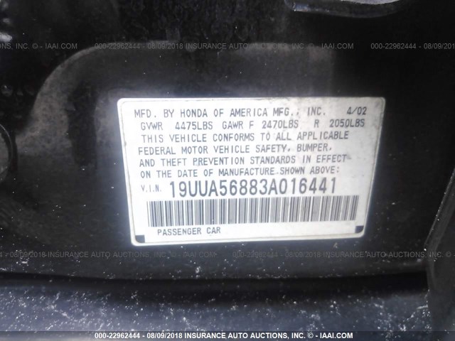 19UUA56883A016441 - 2003 ACURA 3.2TL TYPE-S BLACK photo 9