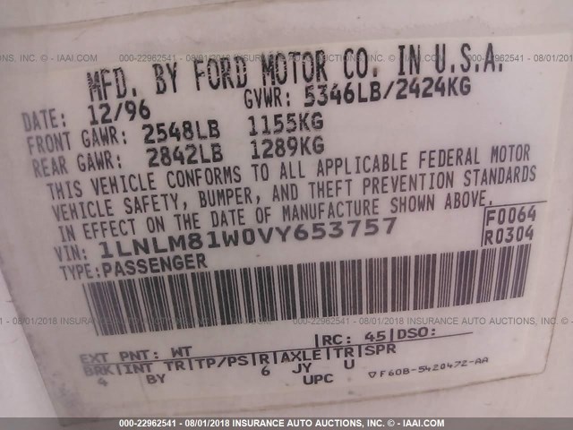 1LNLM81W0VY653757 - 1997 LINCOLN TOWN CAR EXECUTIVE WHITE photo 9