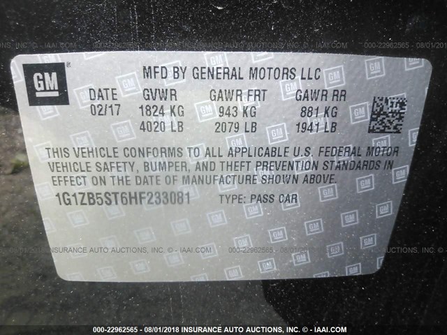 1G1ZB5ST6HF233081 - 2017 CHEVROLET MALIBU LS Qara foto 9