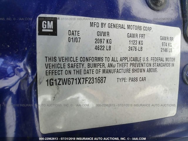 1G1ZW671X7F231687 - 2007 CHEVROLET MALIBU MAXX SS BLUE photo 9